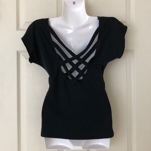 Vintage Lattice Back Black Cotton Blend Tee Shirt Size Medium
